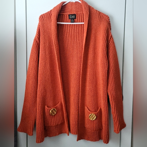 Pure Handknit Orange Cotton Cardigan Sweater - Picture 1 of 4